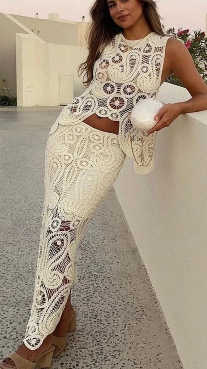 Crochet Uneven Top With A-line Skirt Set FC2432