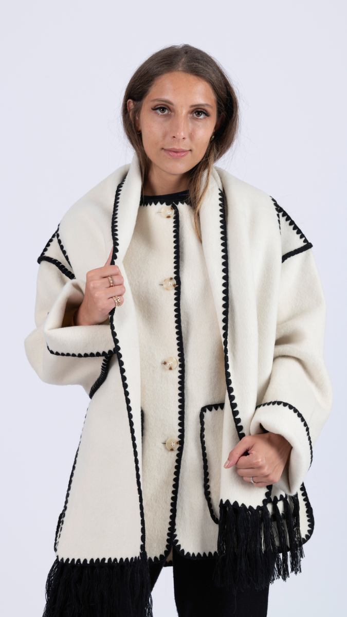 Crochet Border Two Pockets Coat With Scarf FC1992