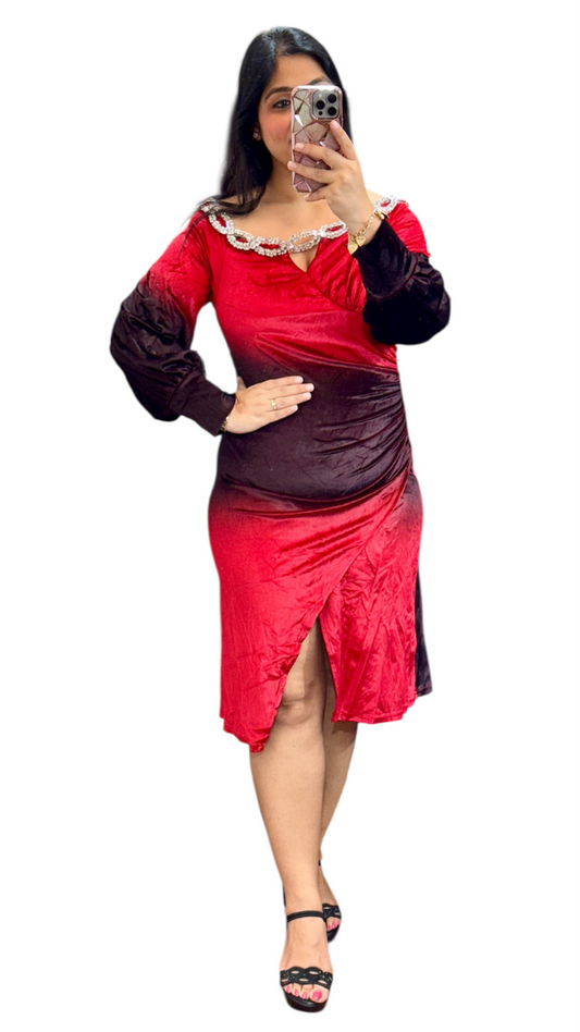 Crystal Chain Neckline Front Slit Velvet Dress FC1916