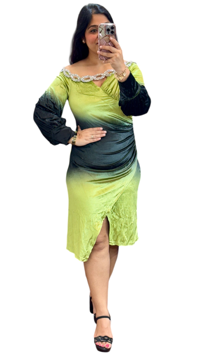 Crystal Chain Neckline Front Slit Velvet Dress FC1916