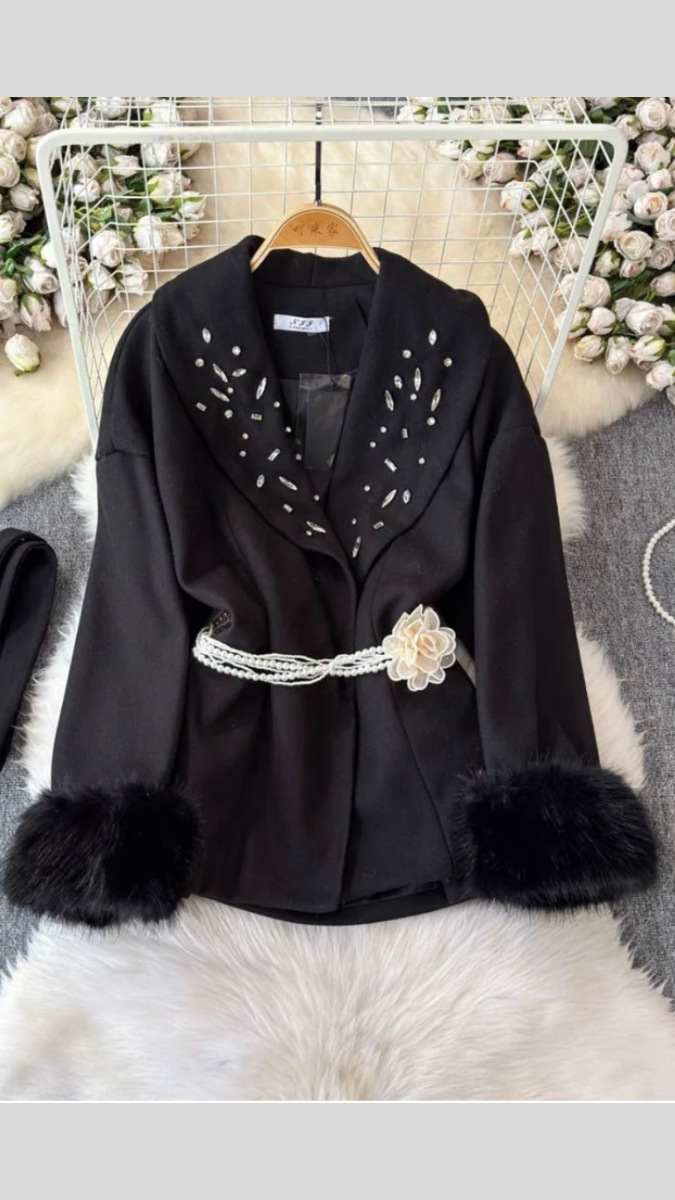 Crystal Designed Collar Furr Sleeve With Pearl Belt Blazer FC1952