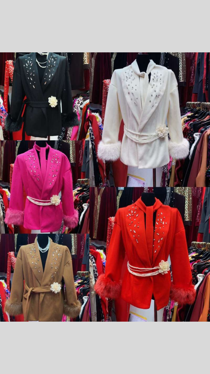 Crystal Designed Collar Furr Sleeve With Pearl Belt Blazer FC1952