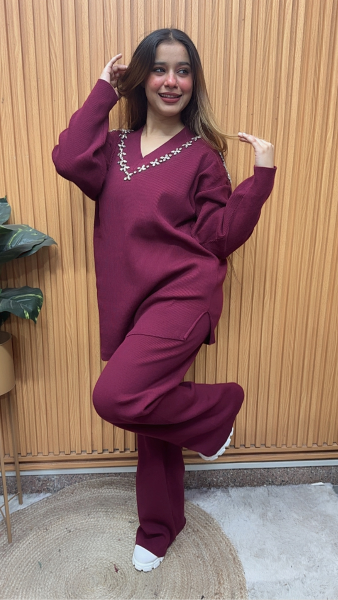 Crystal Designed V Neck Short Kurta And Pant Coord Set FC2079