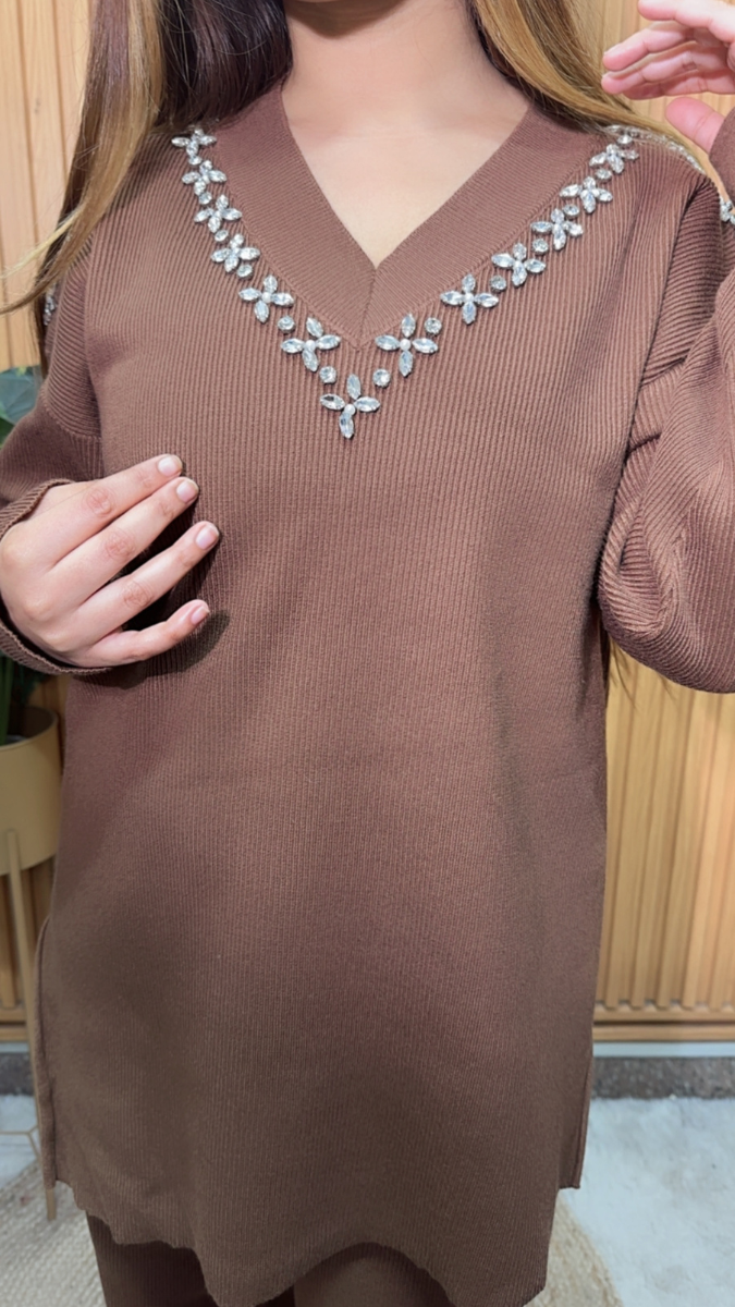 Crystal Designed V Neck Short Kurta And Pant Coord Set FC2079