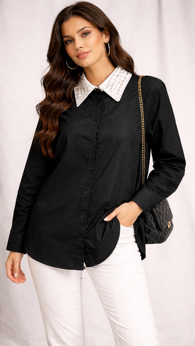 Crystal Embedded Collar Shirt FC2409