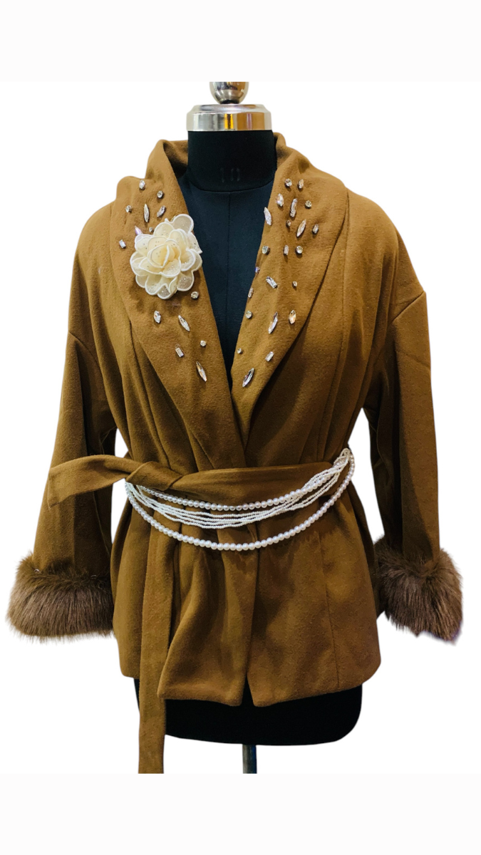 Crystal Embedded Collared Wrap Coat FC1782