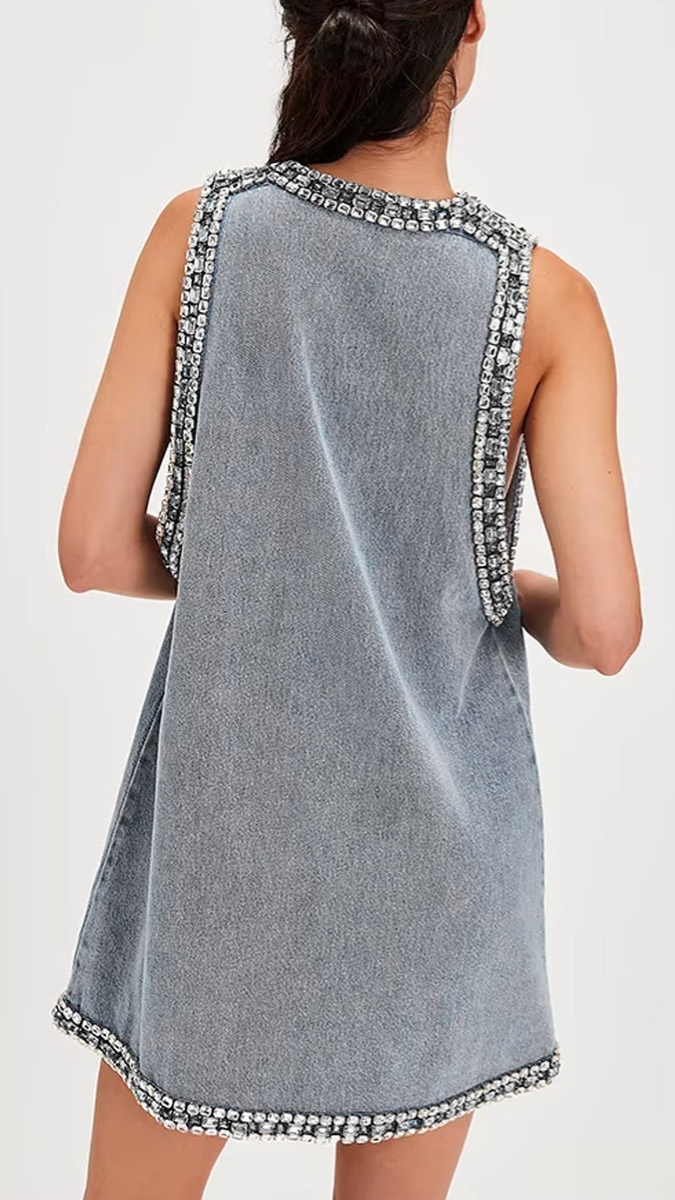 Crystal Embedded Deep V Neck Denim Mini Dress FC2350