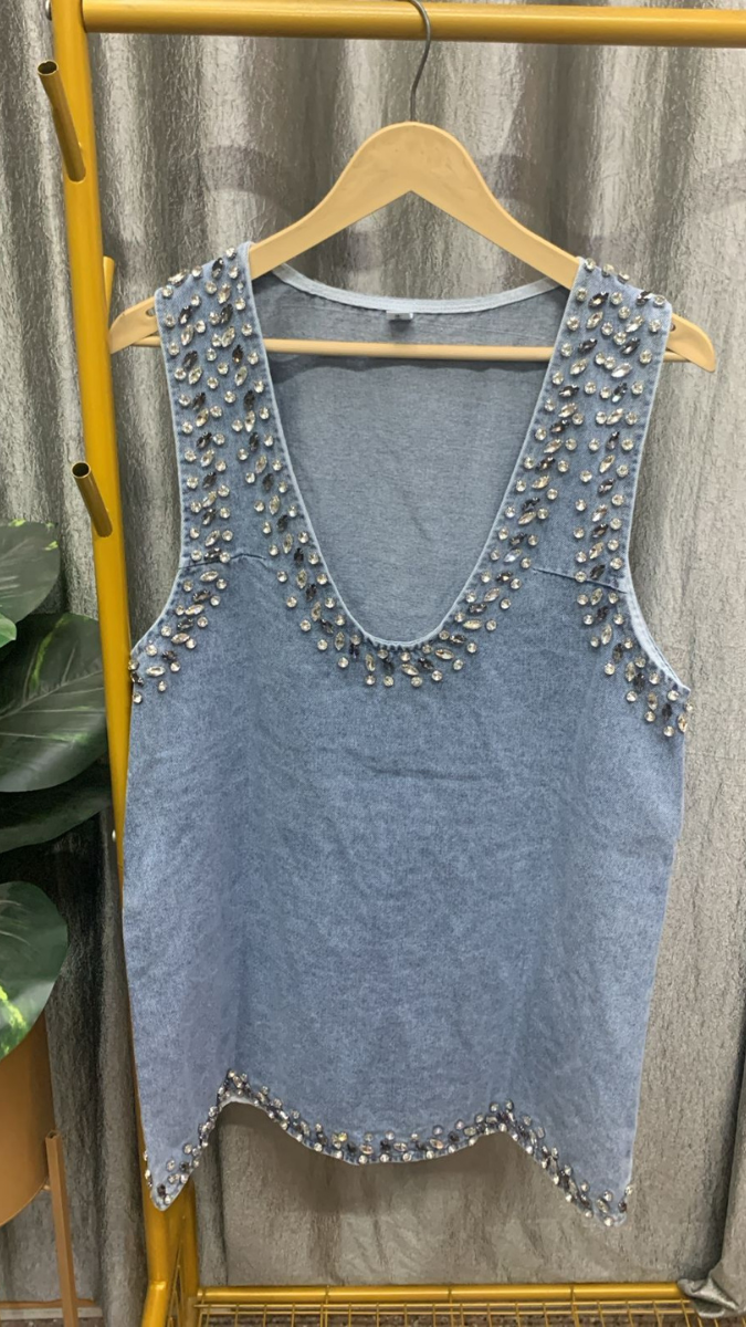 Crystal Embedded Deep V Neck Denim Mini Dress FC2350