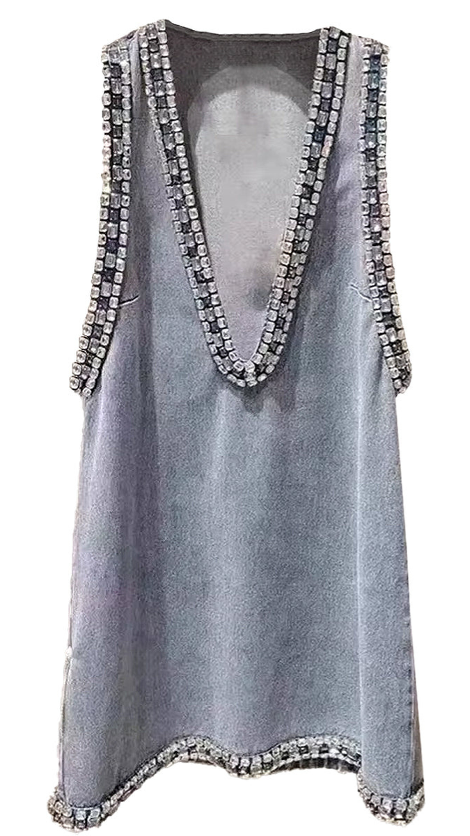 Crystal Embedded Deep V Neck Denim Mini Dress FC2350