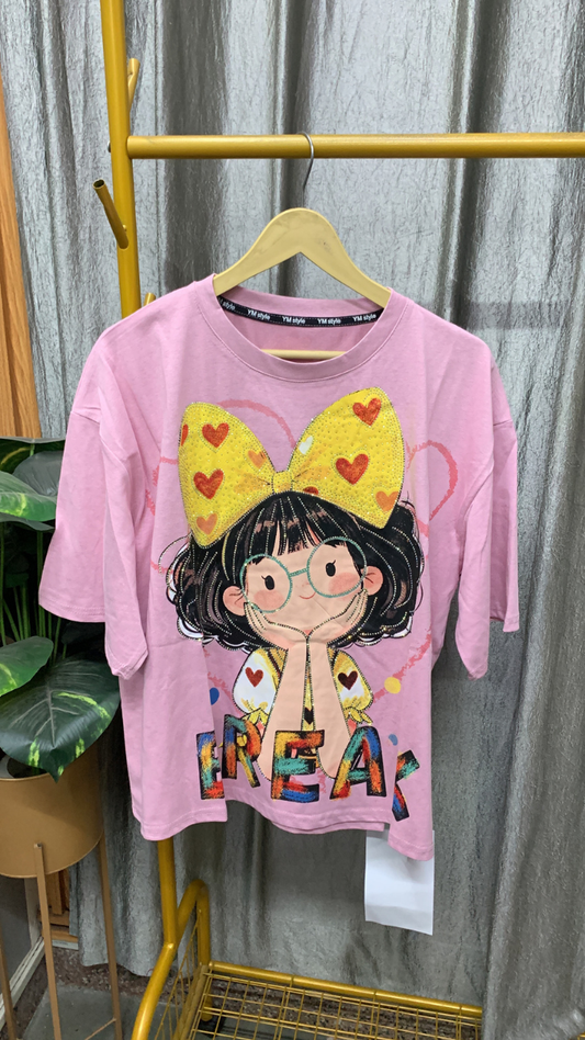 Cute Girl With Bow Hair Band Printed Top FC2456