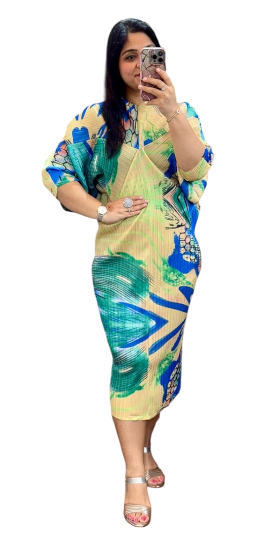 V-neck Mid- Sleeve Temperament Pleated Long Skirt Female FC1290