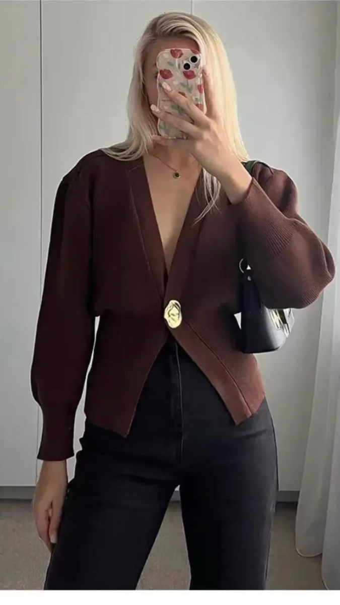 Deep V Neck Single Button Woolen Top FC1971