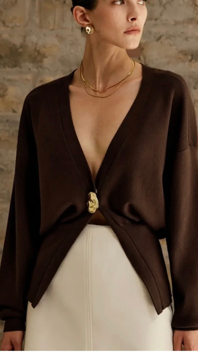 Deep V Neck Single Button Woolen Top FC1971