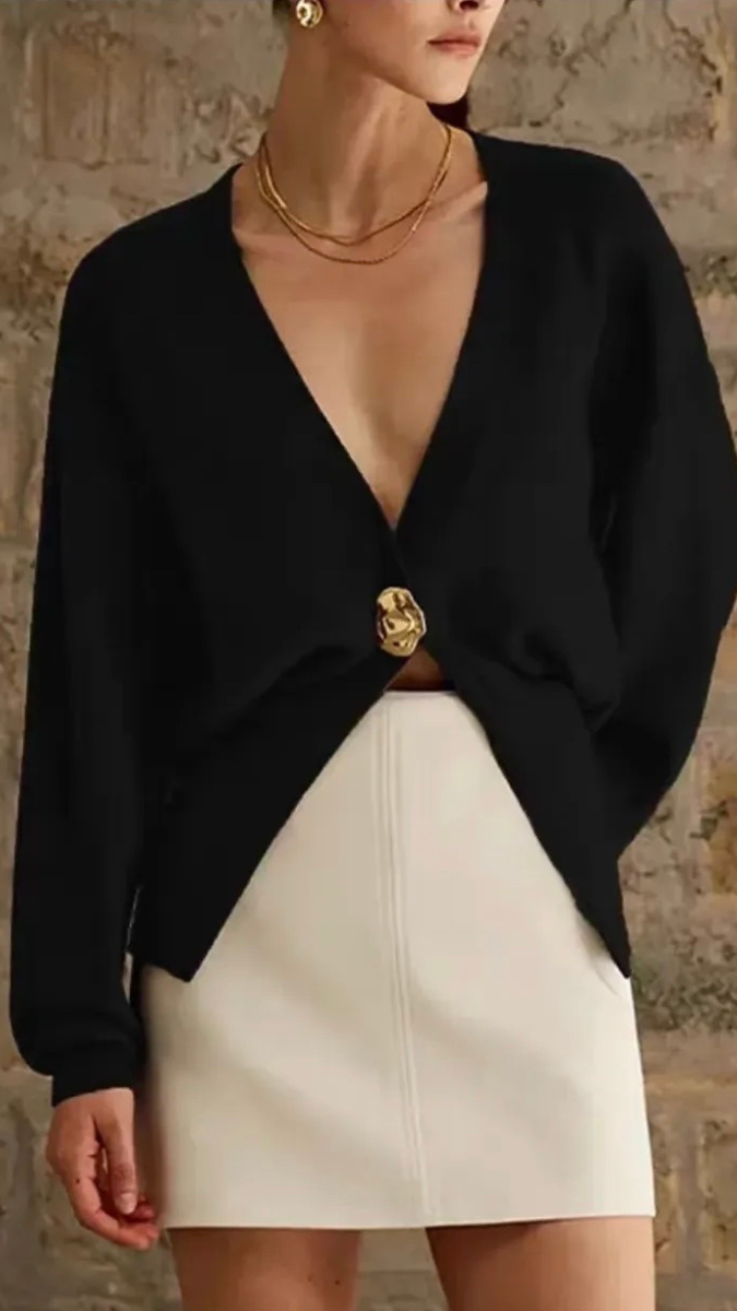 Deep V Neck Single Button Woolen Top FC1971