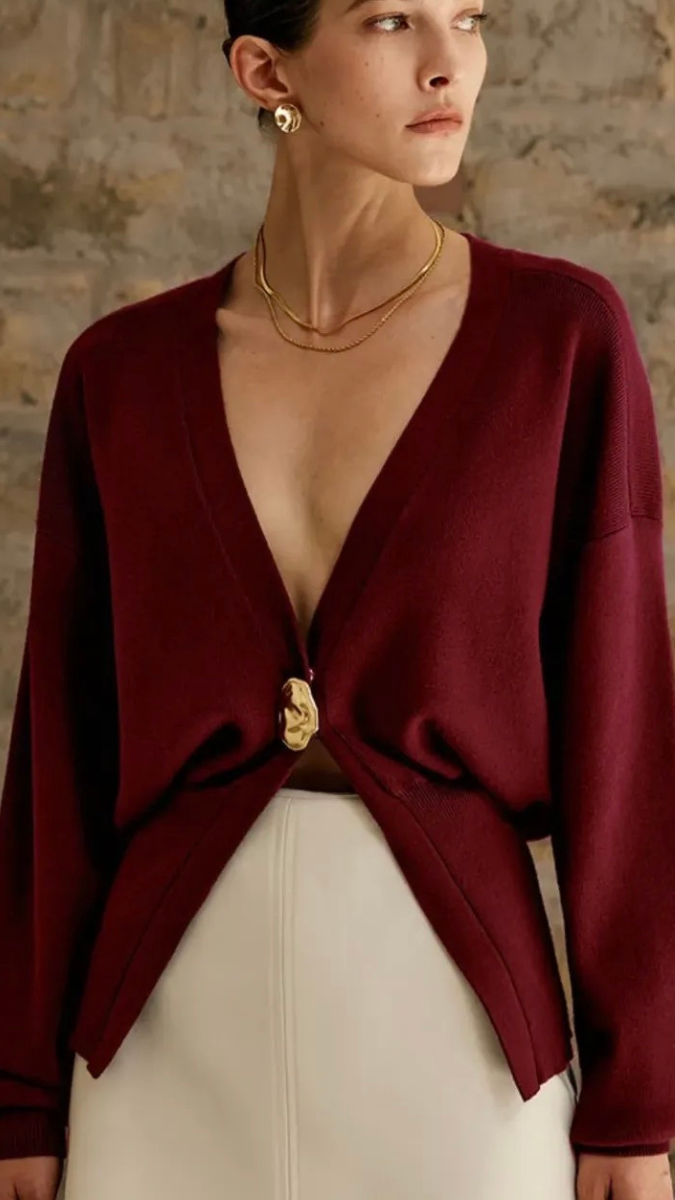 Deep V Neck Single Button Woolen Top FC1971