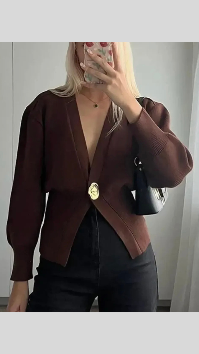 Deep V Neck Single Button Woolen Top FC1971