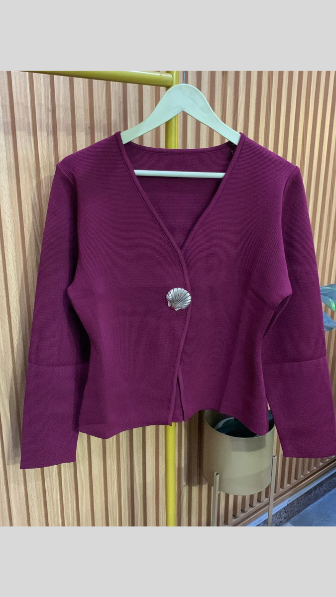 Deep V Neck Single Button Woolen Top FC1971