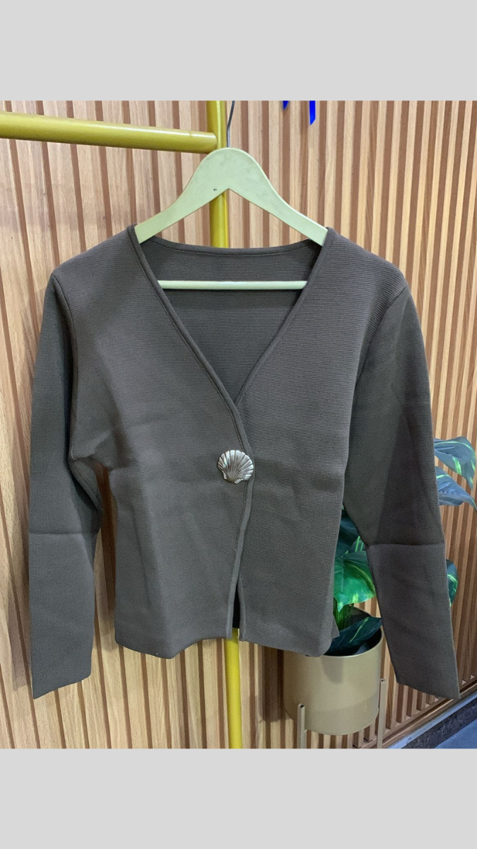 Deep V Neck Single Button Woolen Top FC1971