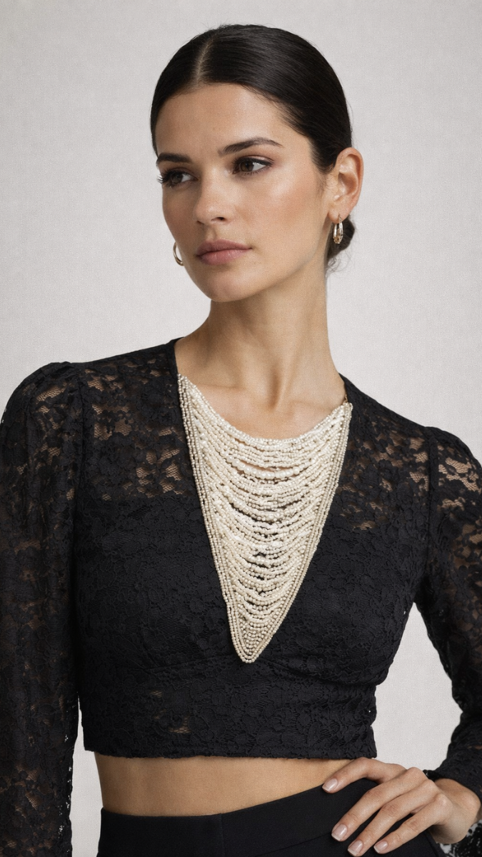 Deep V Neck With Pearl Designed Crop Top FC2301