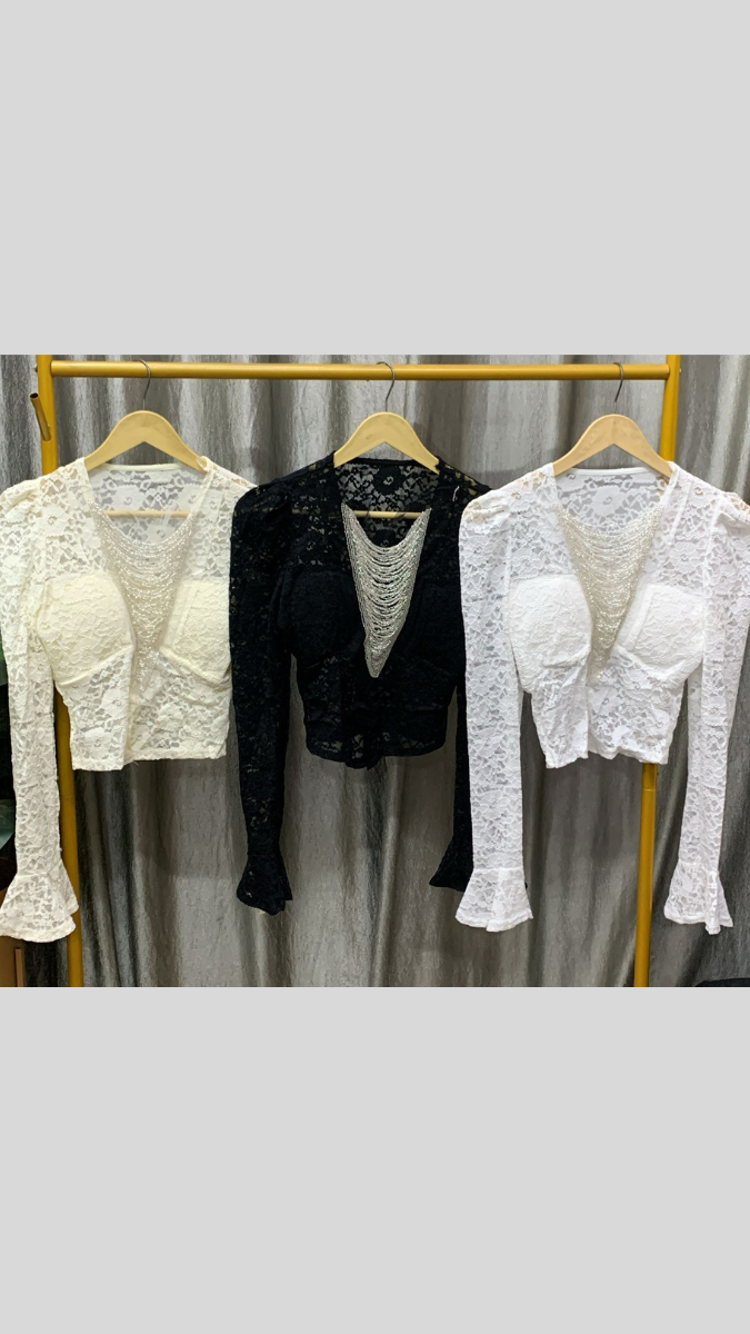 Deep V Neck With Pearl Designed Crop Top FC2301