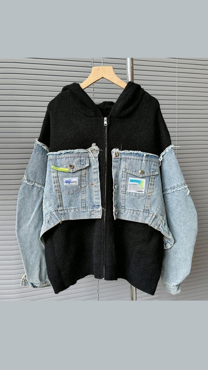 Denim-Patchwork-Hooded-Coat FC1750