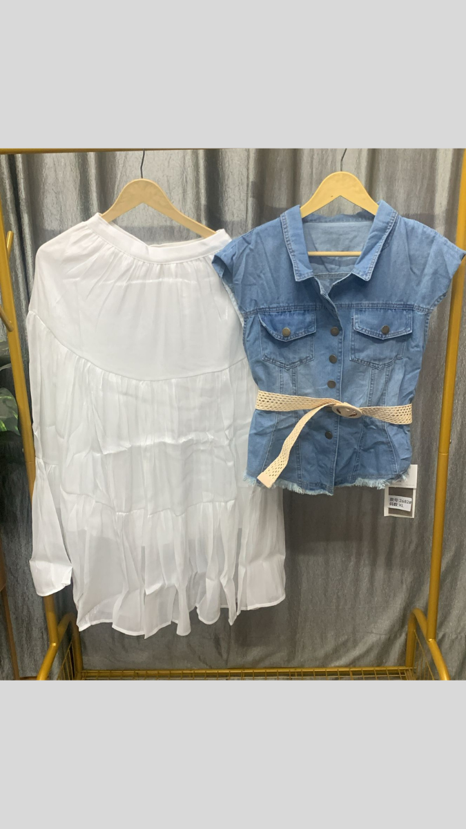 Denim Belted Half Sleeve Shirt With Skirt Set FC2486