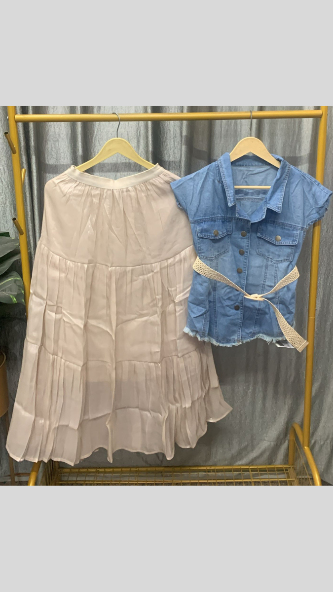 Denim Belted Half Sleeve Shirt With Skirt Set FC2486