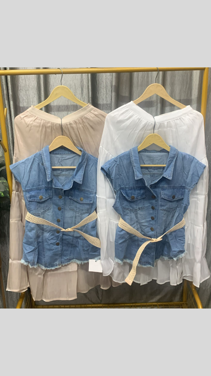 Denim Belted Half Sleeve Shirt With Skirt Set FC2486