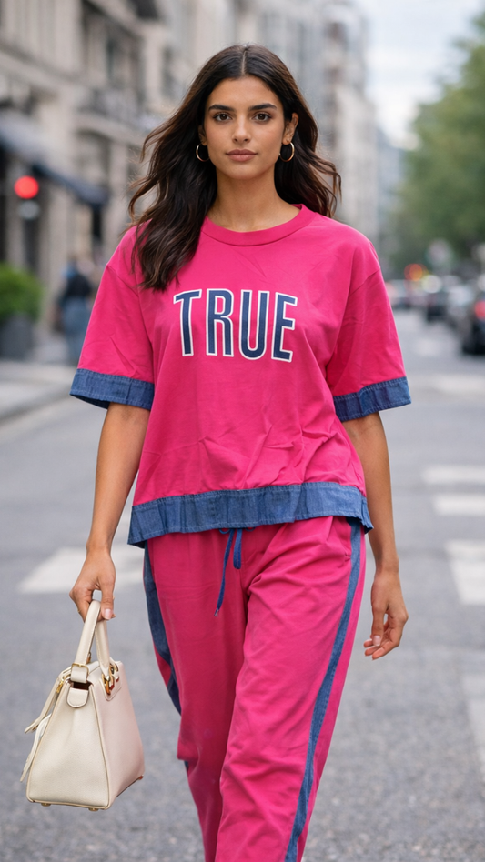 Denim Border Round neck Half Sleeve Top And Pant Coord Set FC2290