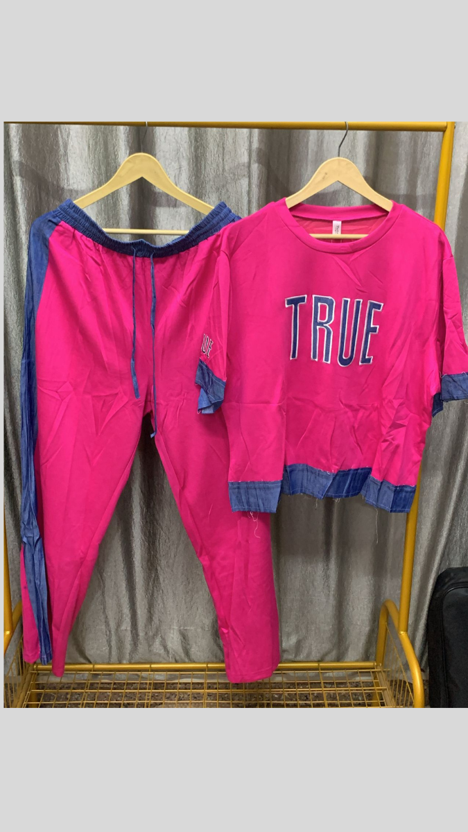 Denim Border Round neck Half Sleeve Top And Pant Coord Set FC2290