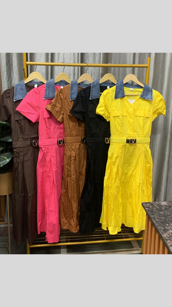 Denim Collar Belted A-Line Maxi Dress FC2489