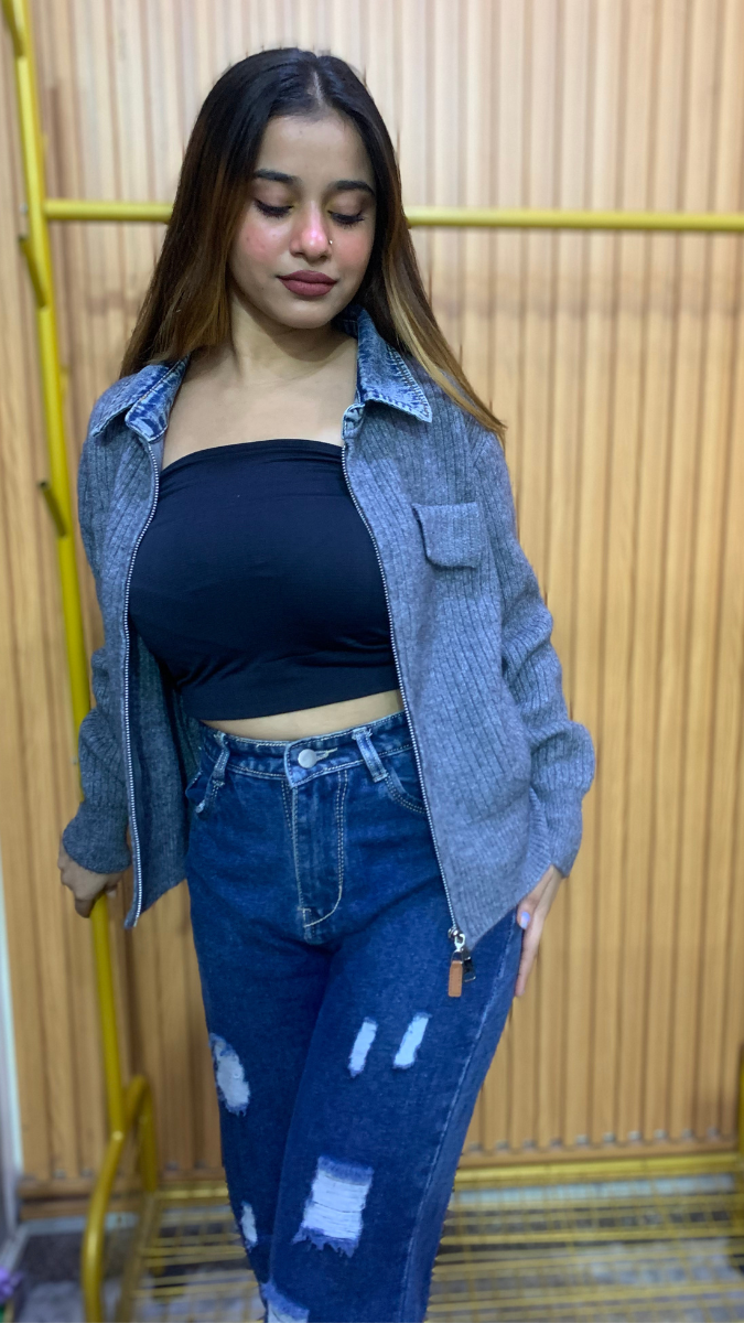 Denim Collar Front Chained Top FC2077