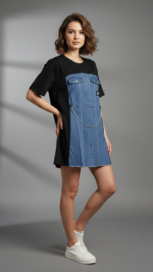 Denim Embedded Front Half Sleeve Mini Dress FC2182