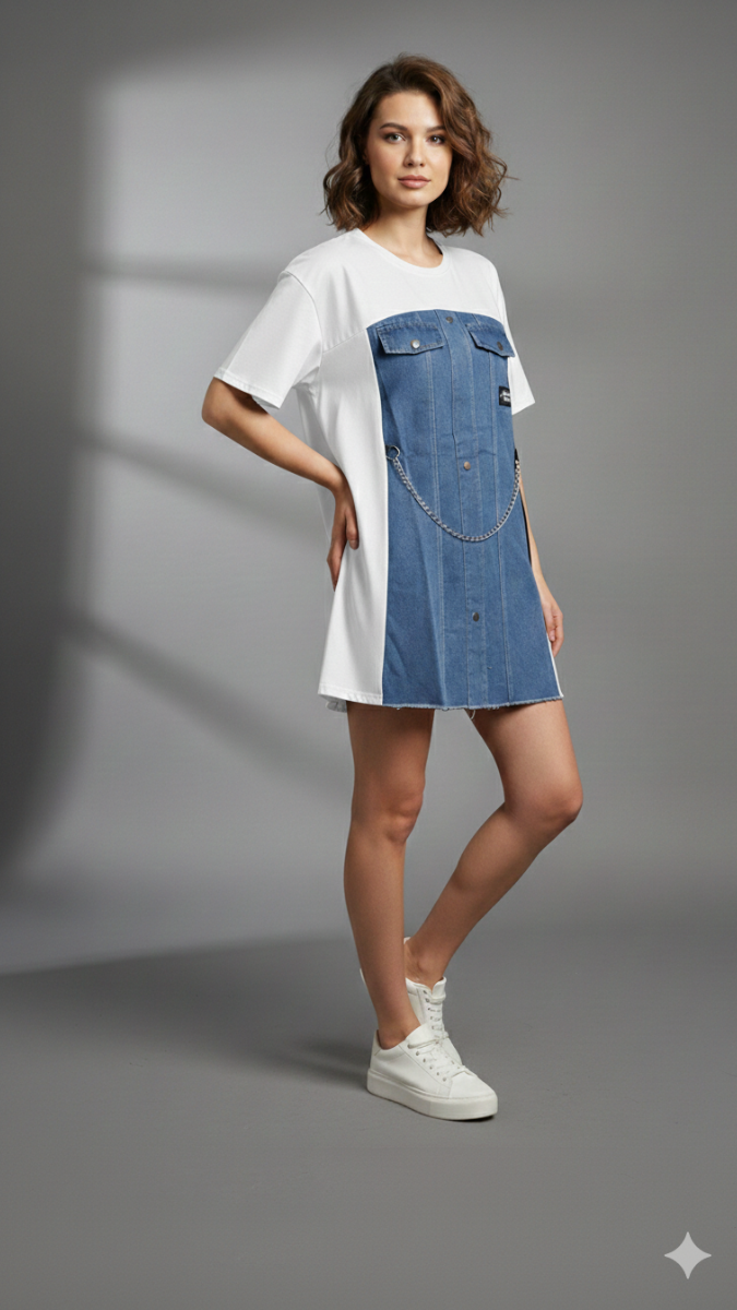 Denim Embedded Front Half Sleeve Mini Dress FC2182
