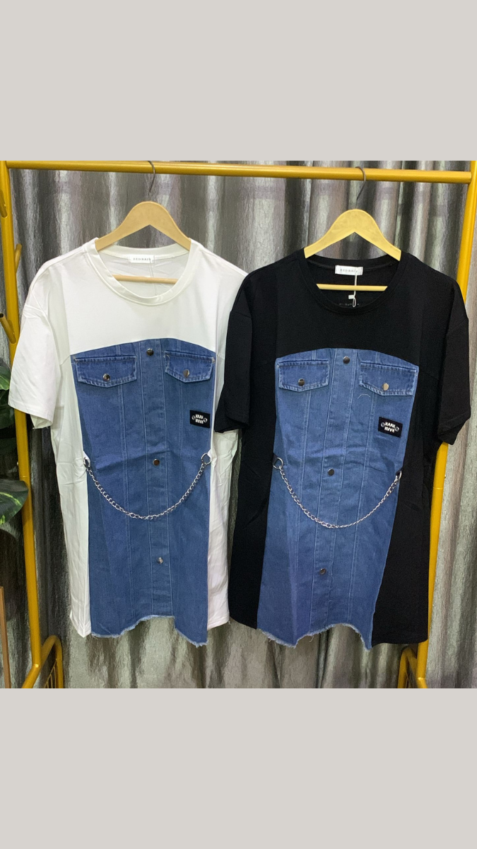 Denim Embedded Front Half Sleeve Mini Dress FC2182