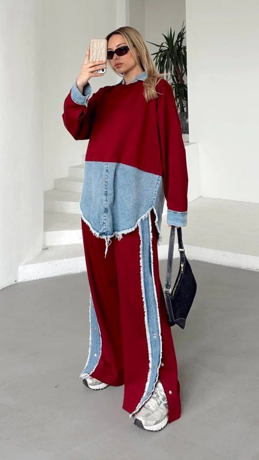 Denim Embedded Shirt And Pant Coord Set FC1925