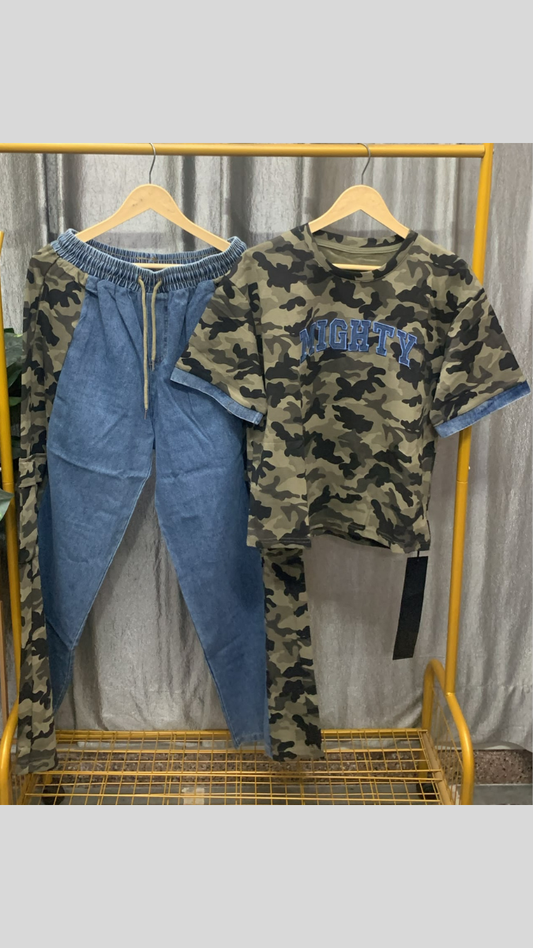 Denim Embedded T Shirt And Pant Coord Set FC2577