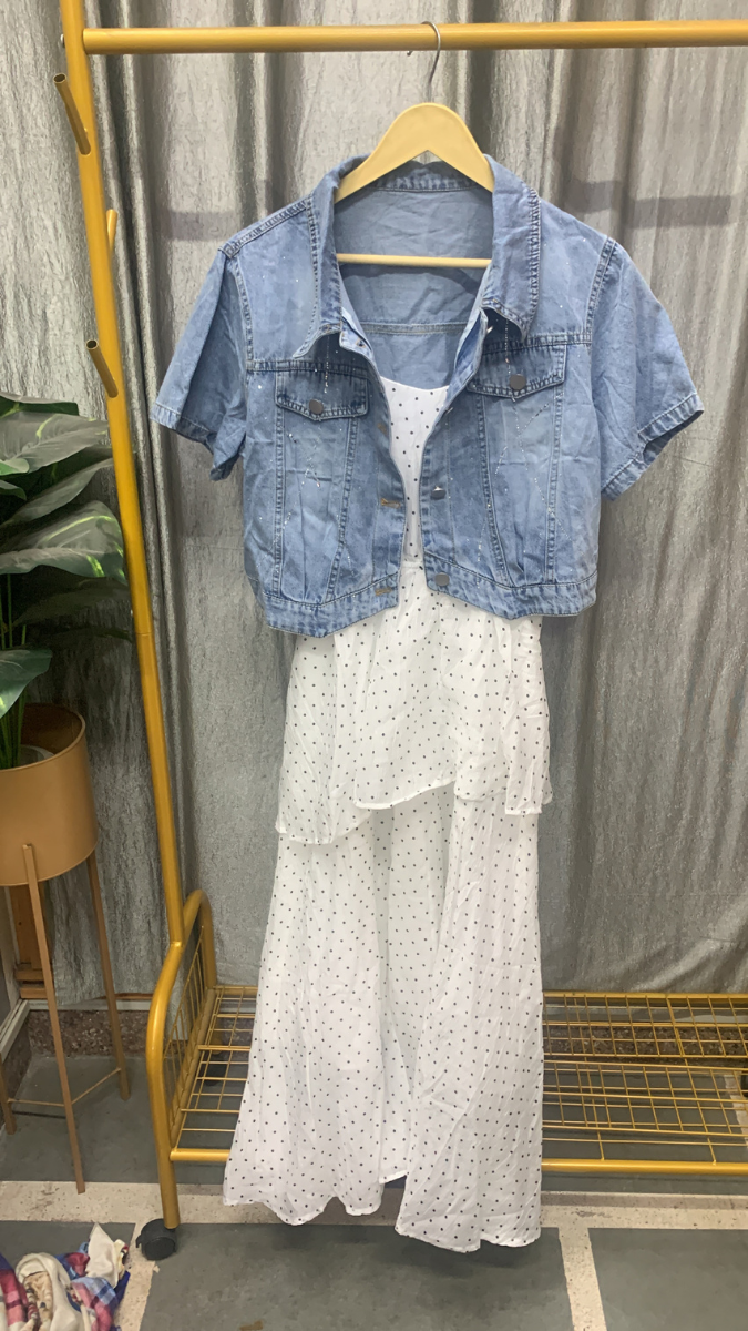 Denim Jacket With Printed Ruffle Dress FC2508