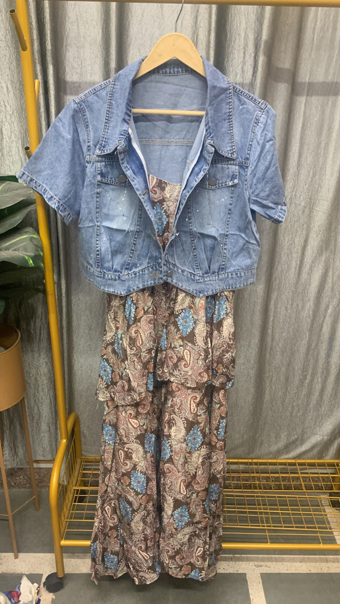 Denim Jacket With Printed Ruffle Dress FC2508