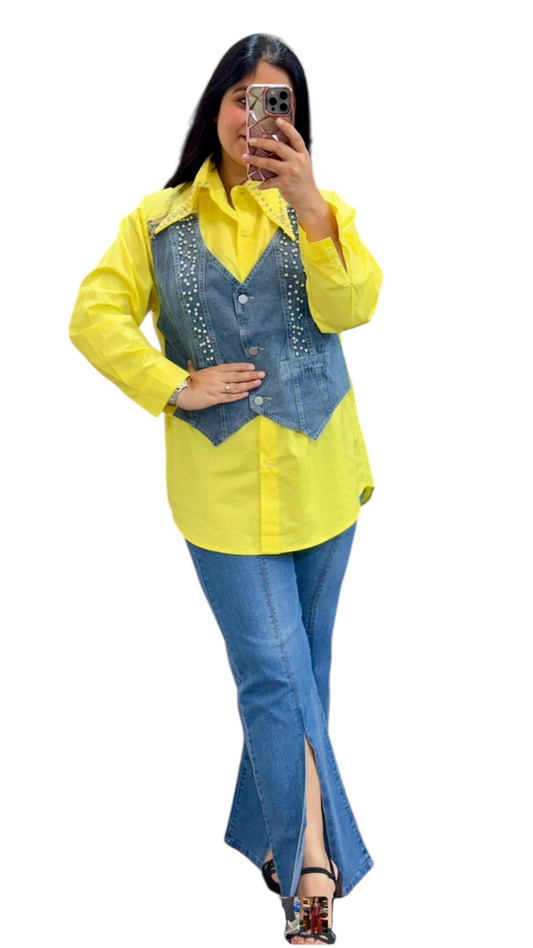 Denim Koti With Shirt And Pant Coord Set FC1936
