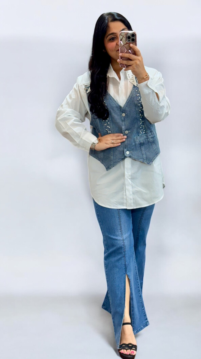 Denim Koti With Shirt And Pant Coord Set FC1936
