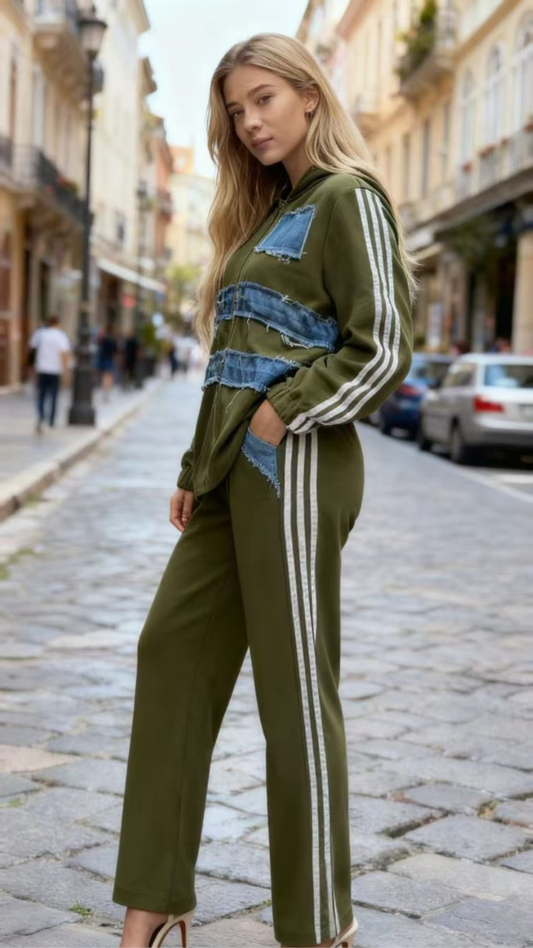 Denim Patch Hoodie And Pant Coord Set FC1969