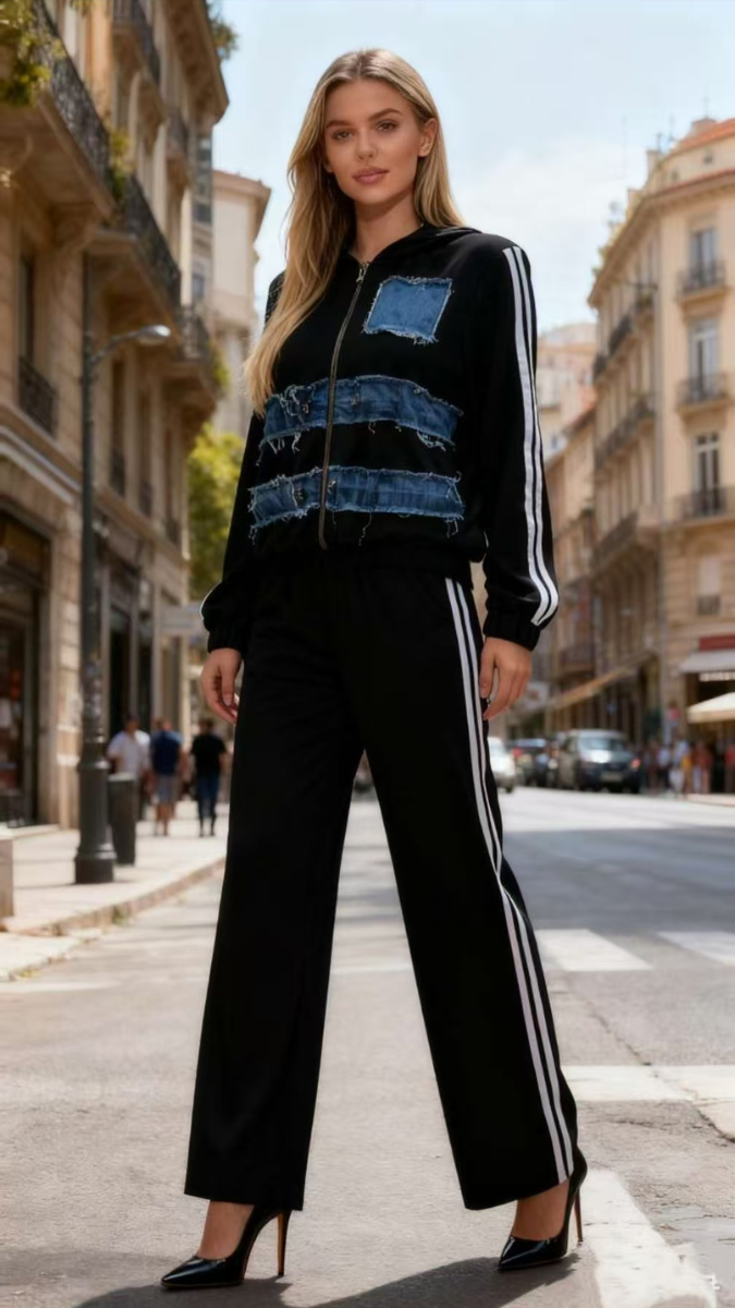 Denim Patch Hoodie And Pant Coord Set FC1969