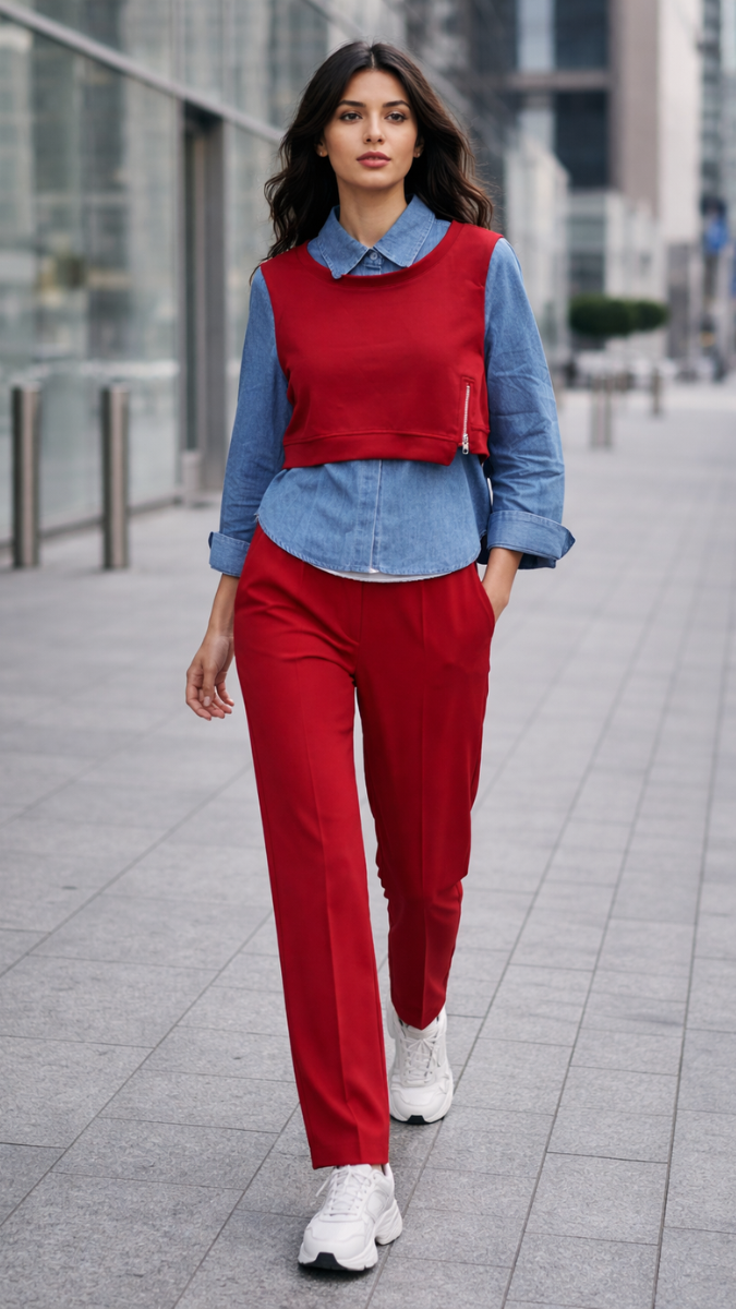 Denim Shirt With Crop Half Sleeve Jacket And Pant Coord Set FC2267