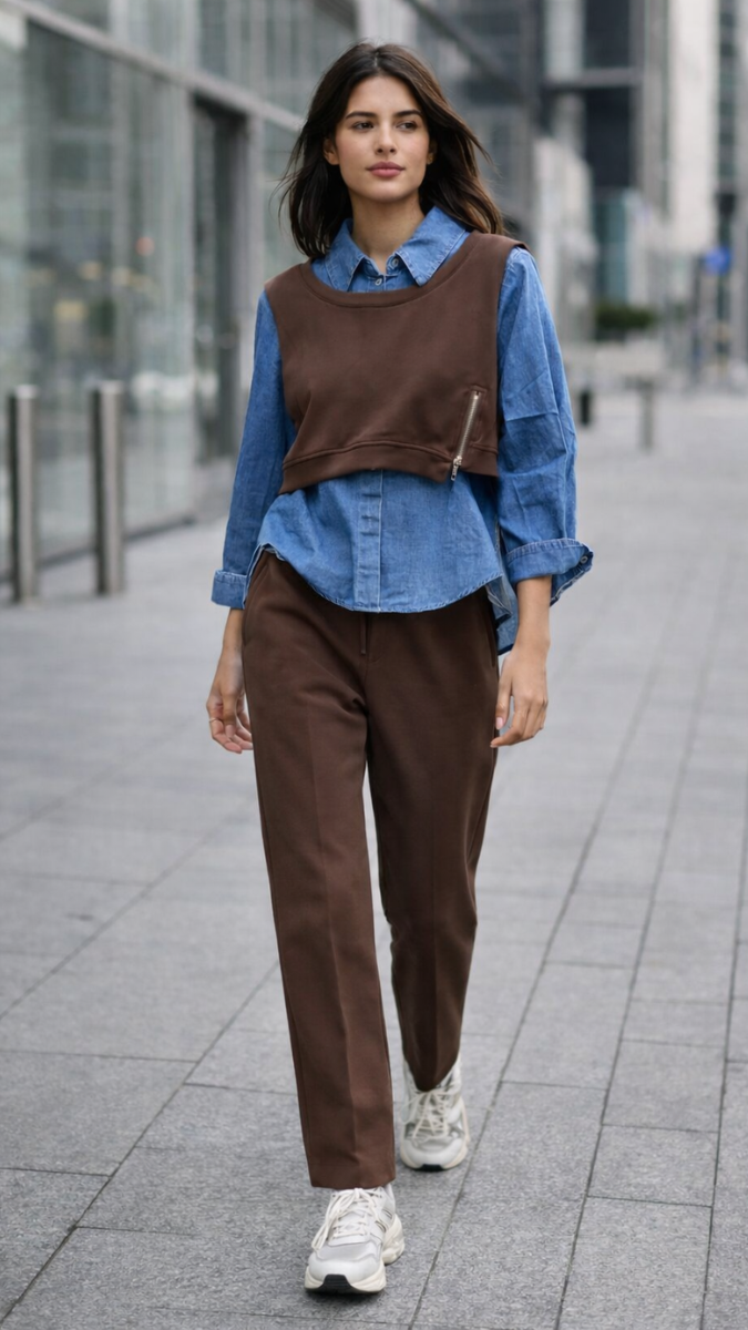 Denim Shirt With Crop Half Sleeve Jacket And Pant Coord Set FC2267