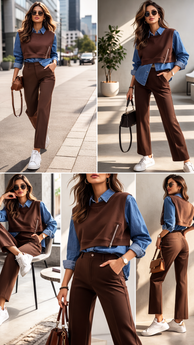 Denim Shirt With Crop Half Sleeve Jacket And Pant Coord Set FC2267