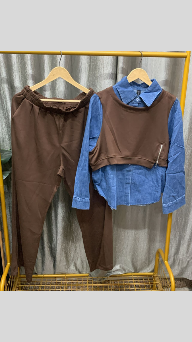 Denim Shirt With Crop Half Sleeve Jacket And Pant Coord Set FC2267