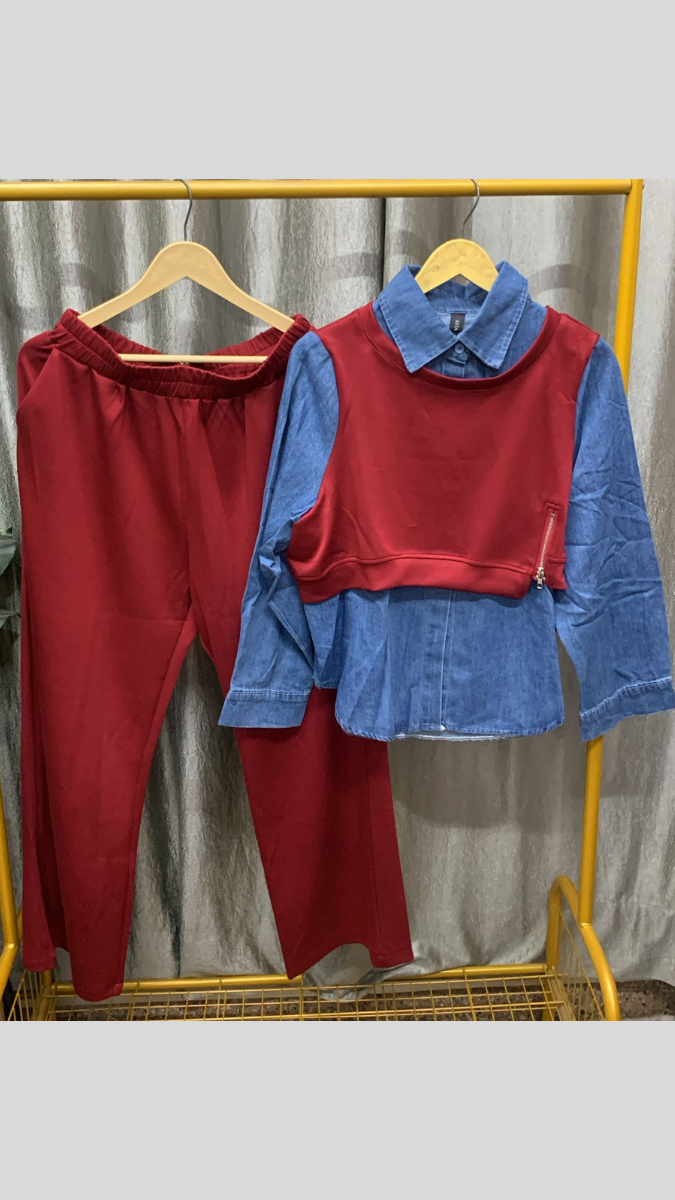 Denim Shirt With Crop Half Sleeve Jacket And Pant Coord Set FC2267