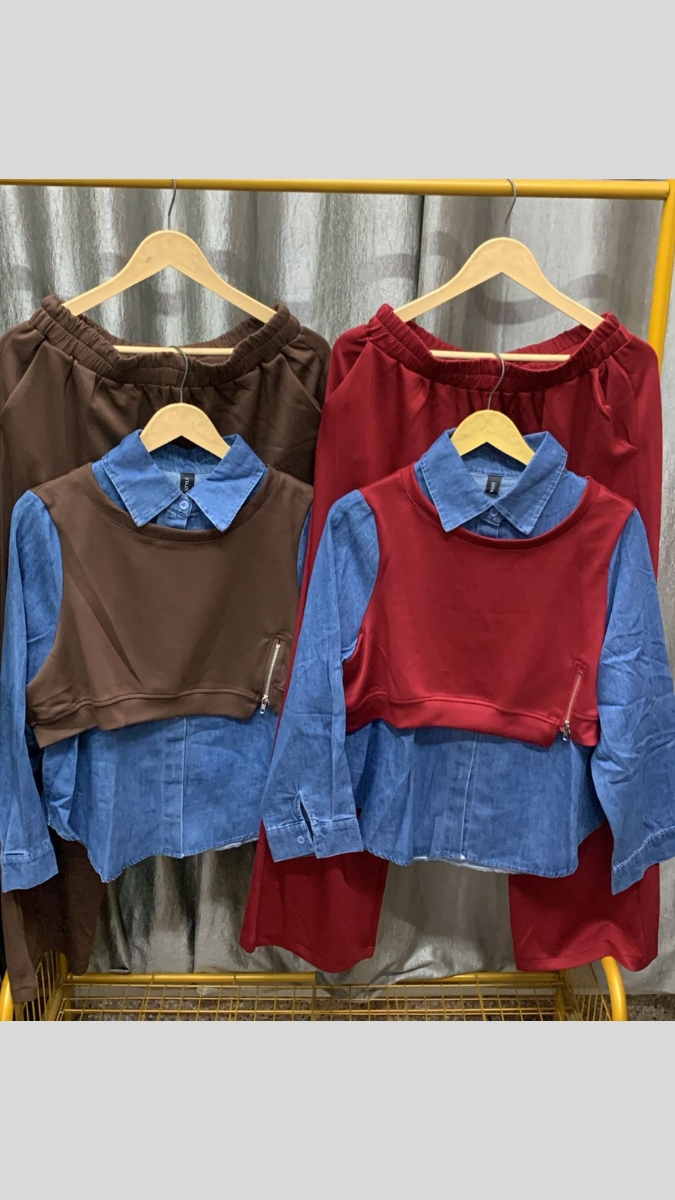 Denim Shirt With Crop Half Sleeve Jacket And Pant Coord Set FC2267