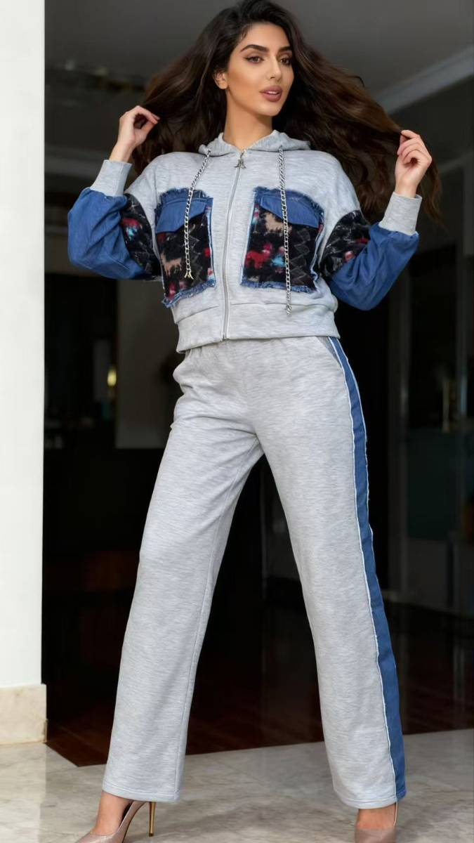 Denim Sleeve And Large Pocket Hoodie Coord Set FC1968